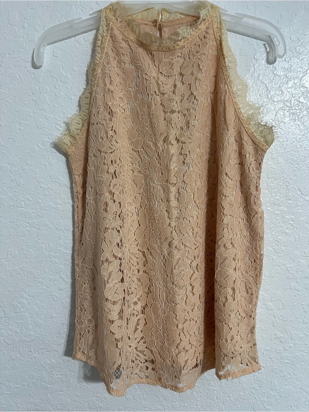 HALIFE Beige  Lace Sleeveless Round Neck Lined Blouse Women's Size S #550